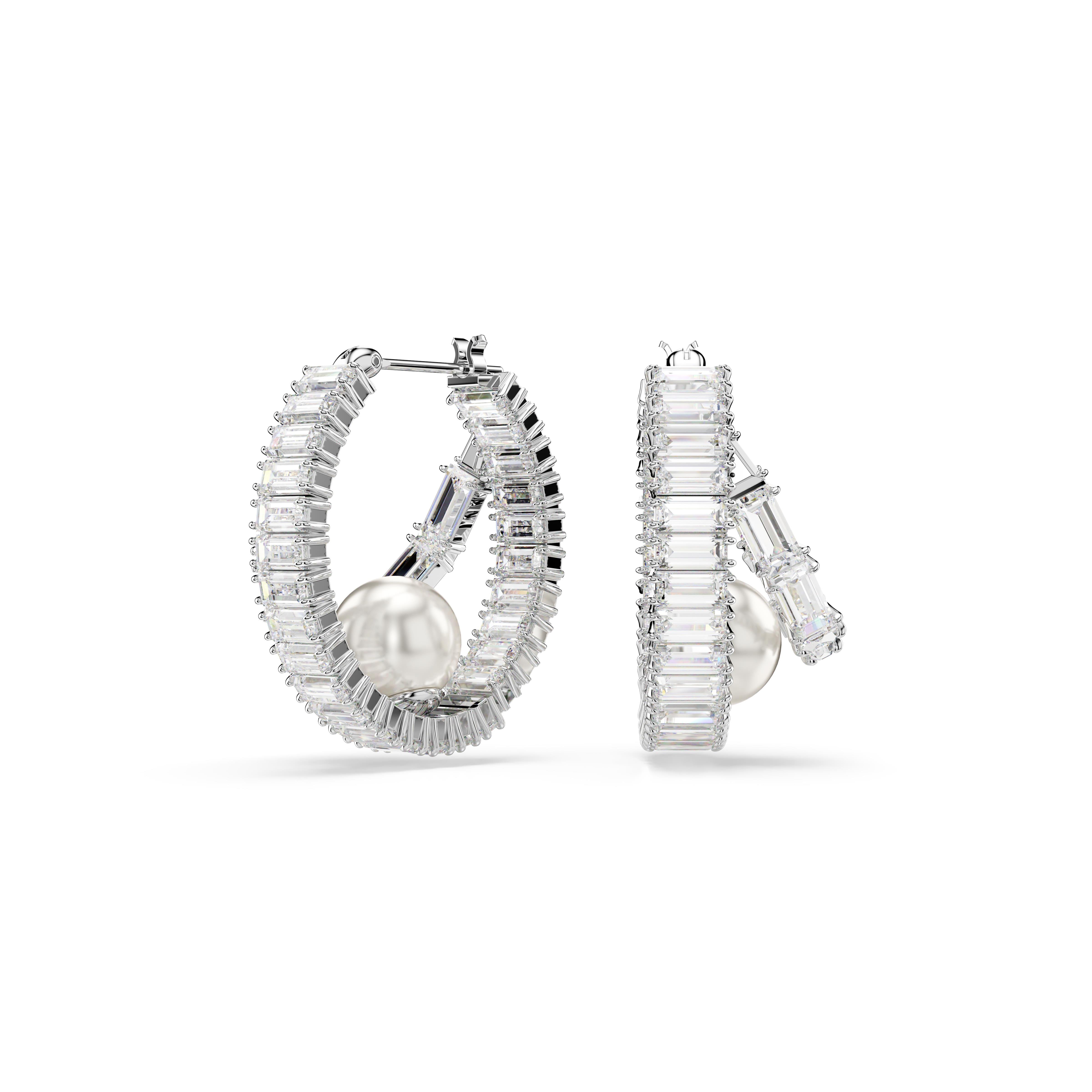 Ariana Grande x Swarovski halka küpeler, Kristal inci, Baget kesim, Beyaz, Rodyum kaplama