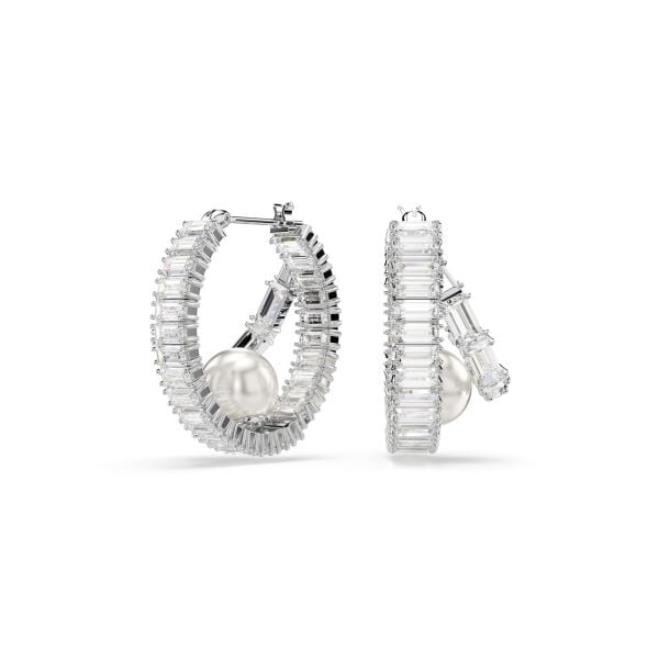 Ariana Grande x Swarovski halka küpeler, Kristal inci, Baget kesim, Beyaz, Rodyum kaplama
