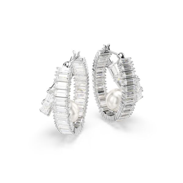 Ariana Grande x Swarovski halka küpeler, Kristal inci, Baget kesim, Beyaz, Rodyum kaplama