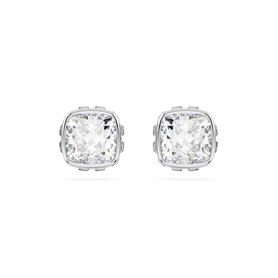 Birthstone düğme Küpeler, Kare kesim, Nisan, Beyaz, Rodyum kaplama