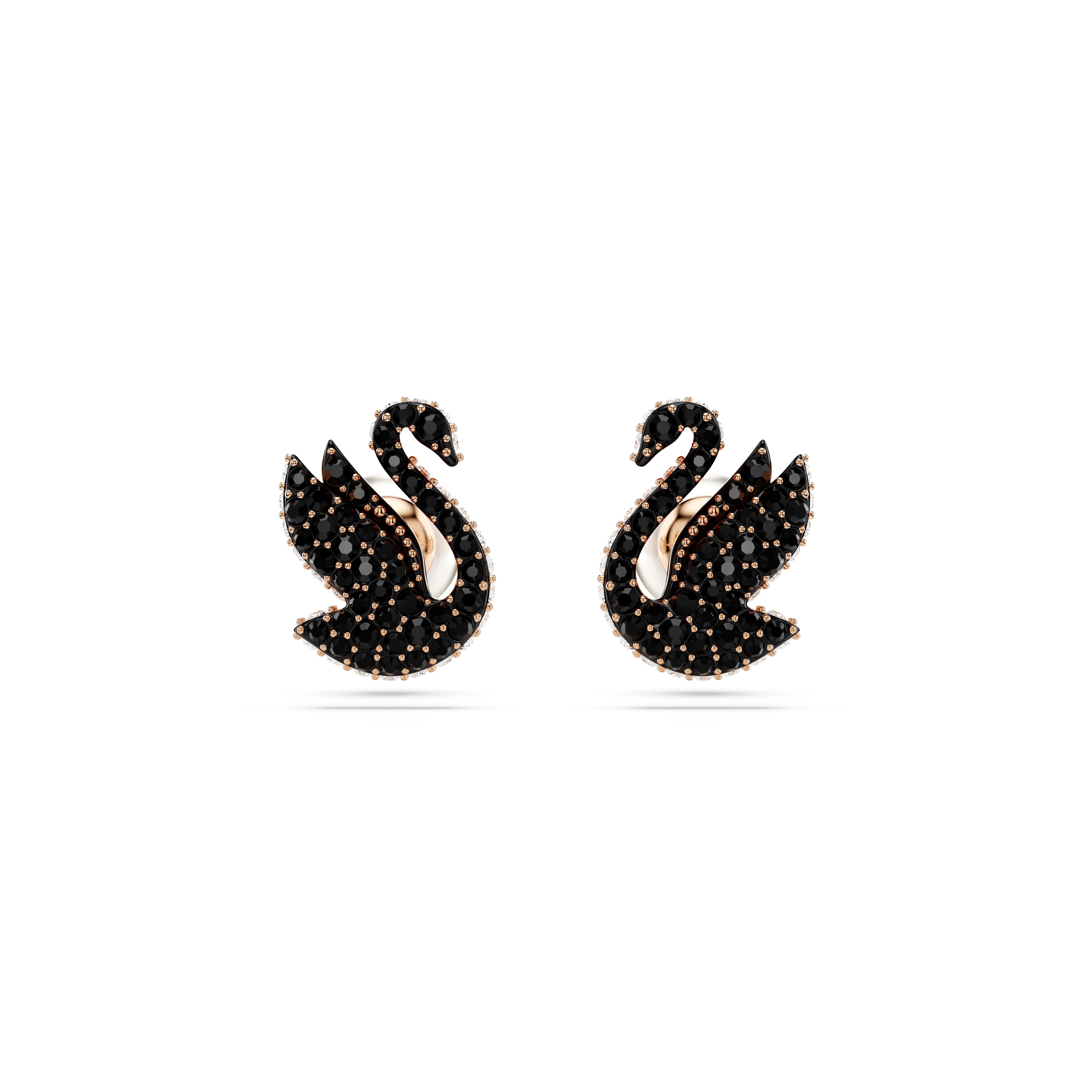 Swarovski Swan düğme Küpeler, Kuğu, Siyah, Pembe altın rengi kaplama