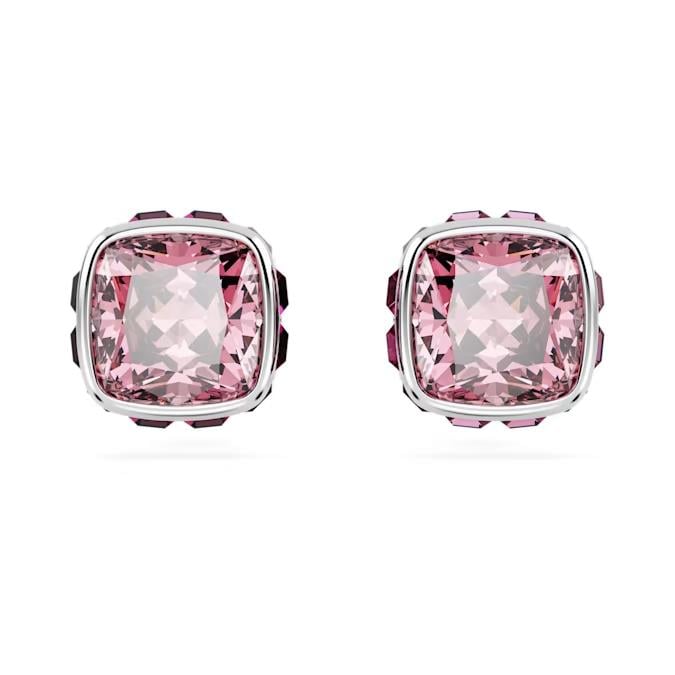Birthstone düğme Küpeler, Kare kesim, Ekim, Pembe, Rodyum kaplama