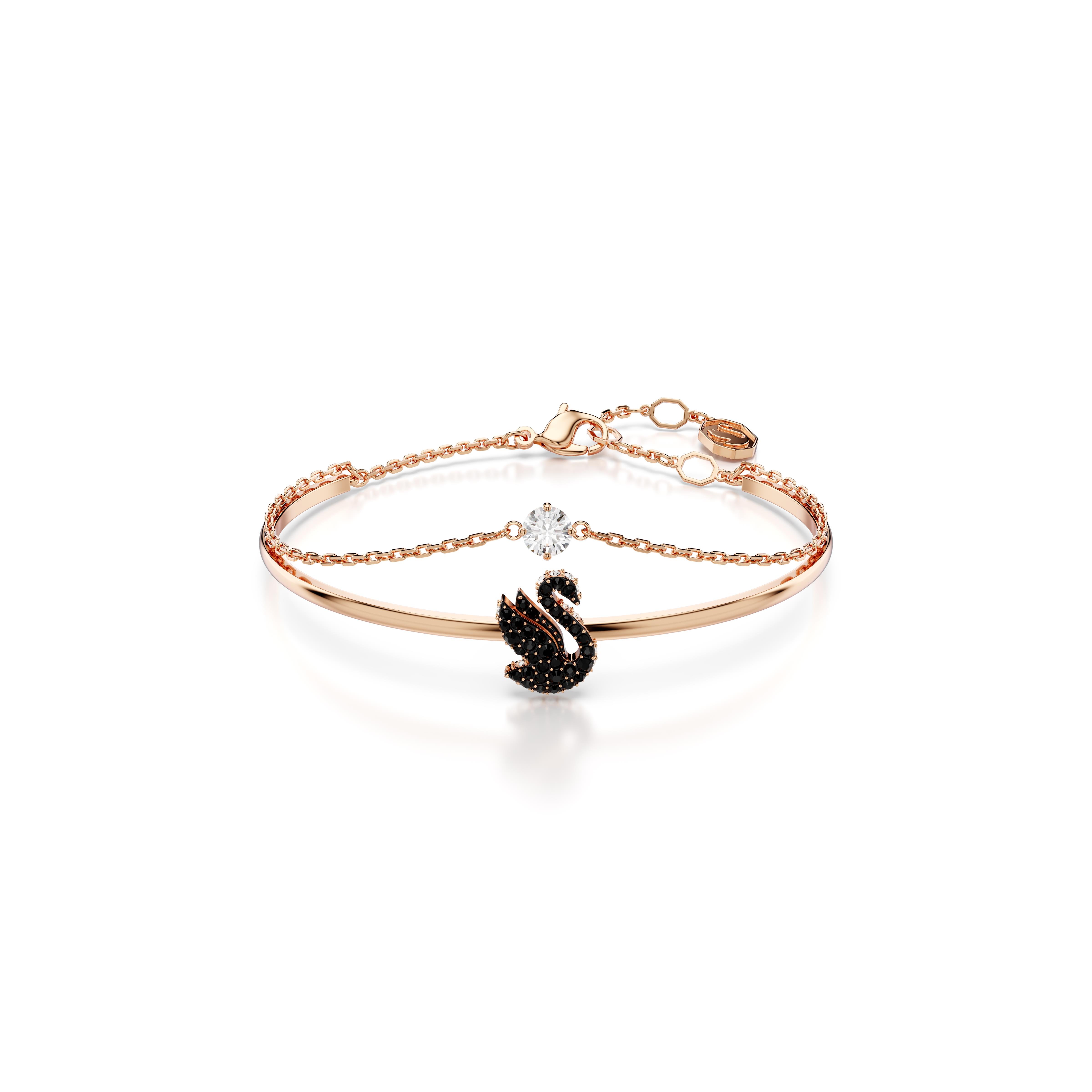 Swarovski Swan Bileklik, Kuğu, Siyah, Pembe altın rengi kaplama M
