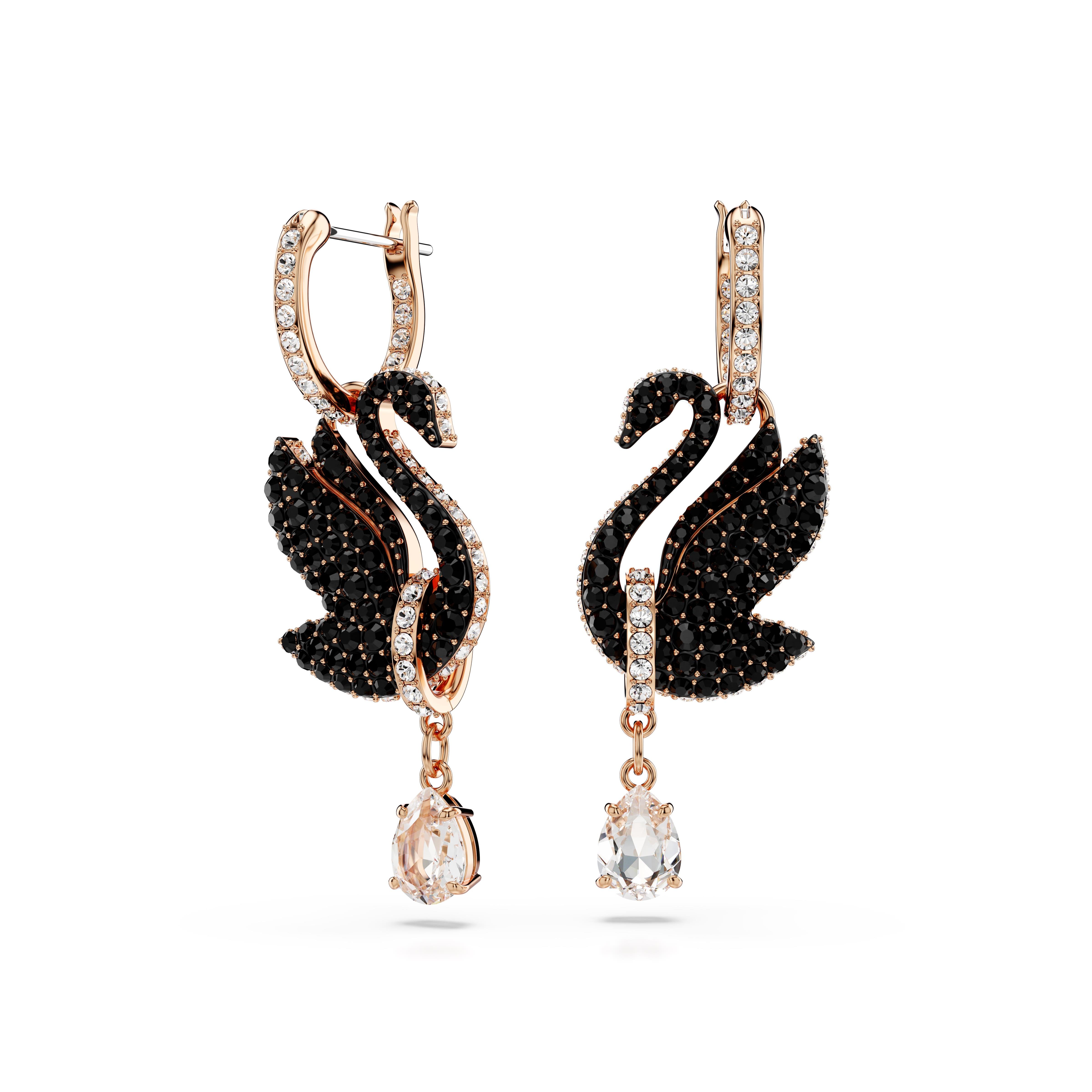 Swarovski Swan damla küpeler, Kuğu, Siyah, Pembe altın rengi kaplama