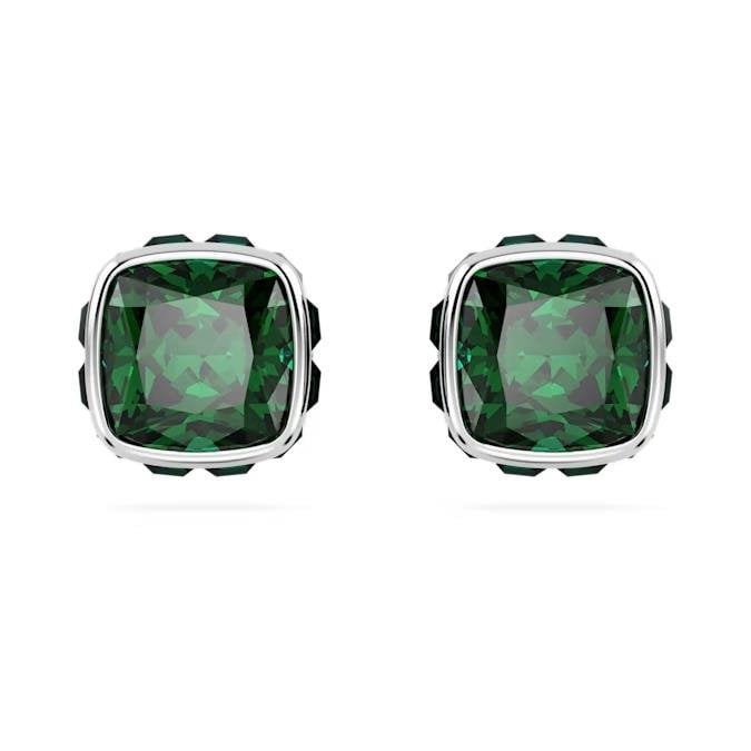 Birthstone düğme Küpeler, Kare kesim, Mayıs, Yeşil, Rodyum kaplama