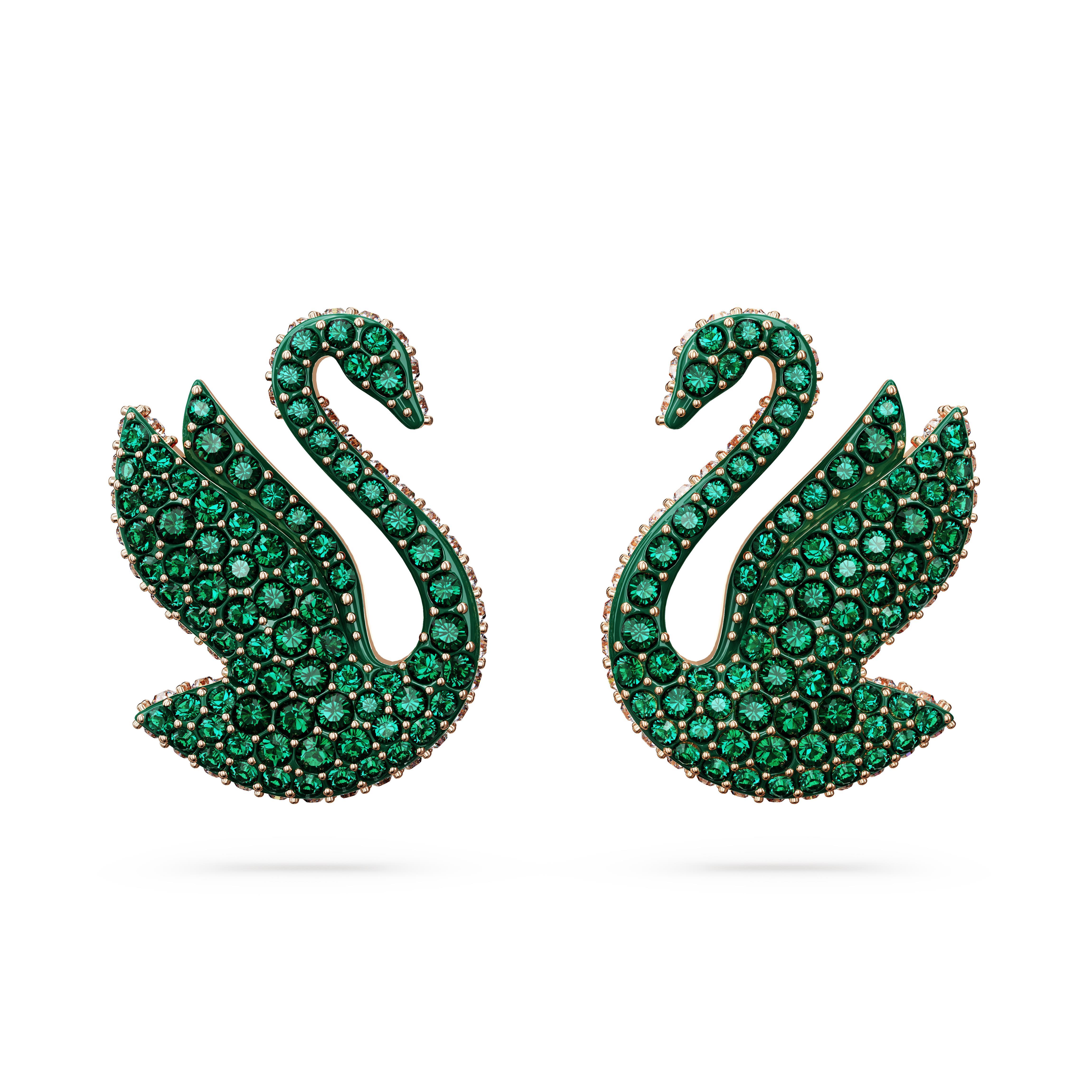 Swan düğme Küpeler, Kuğu, Yeşil, Pembe altın rengi kaplama