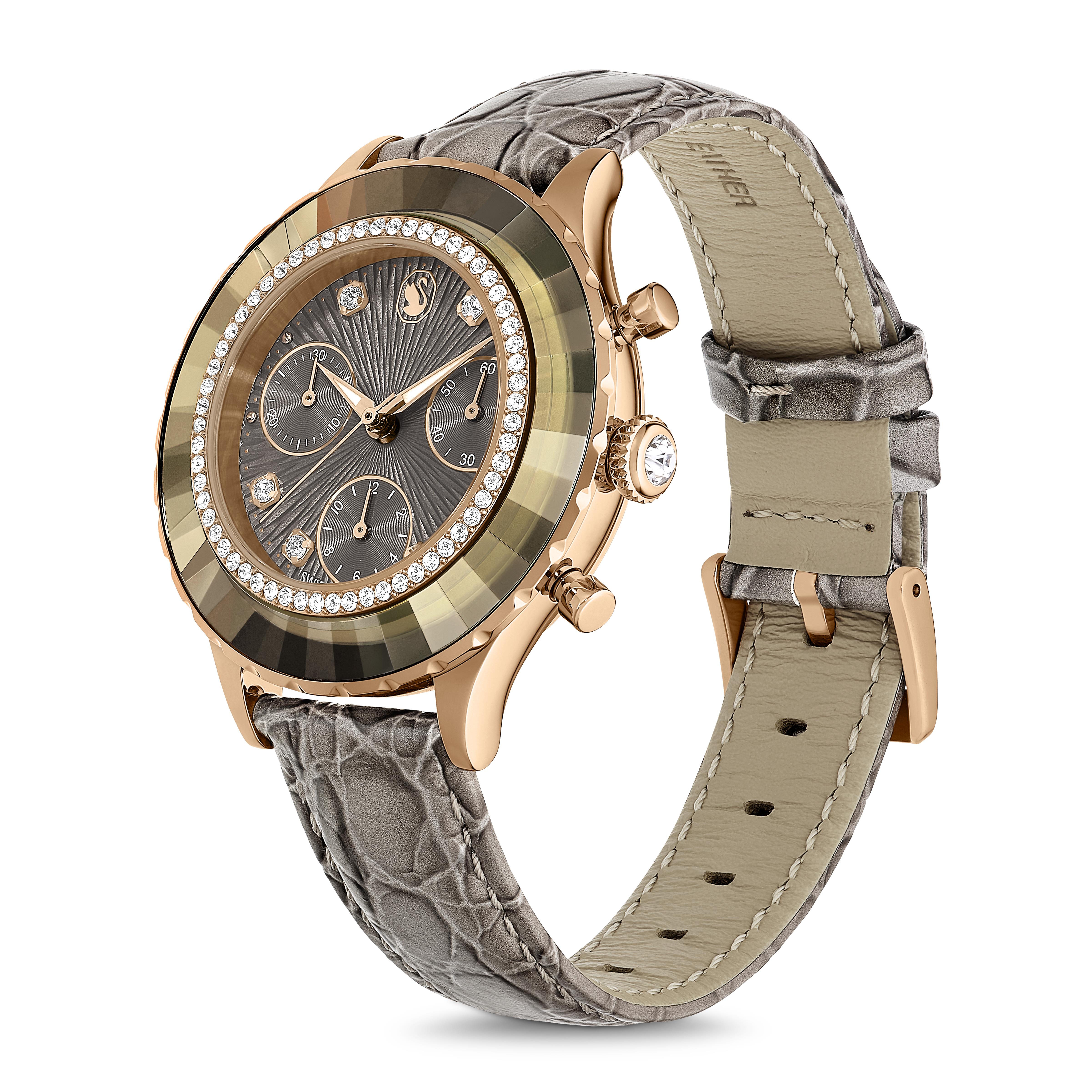 Octea Chrono Saat, İsviçre Üretimi, Deri kayış, Gri, Pembe altın rengi yüzey