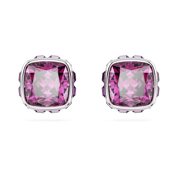 Birthstone düğme Küpeler, Kare kesim, Şubat,Pembe,Rodyum kaplama