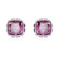Birthstone düğme Küpeler, Kare kesim, Şubat,Pembe,Rodyum kaplama