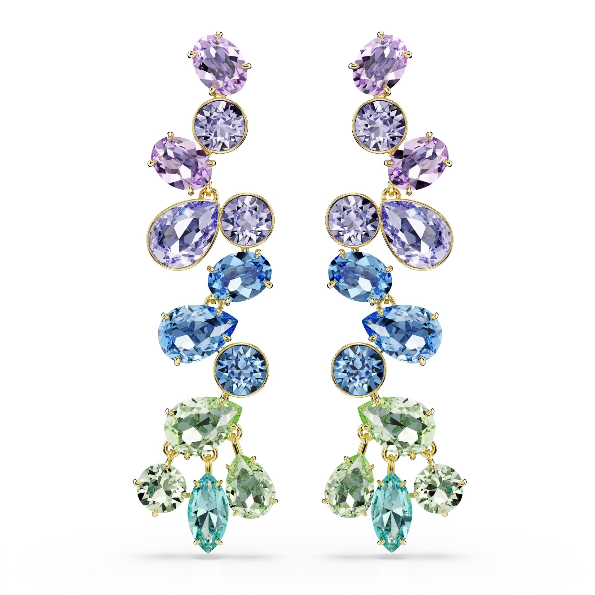 Gema damla küpeler, Karışık kesim, Avize, Uzun, Çok renkli, Altın rengi kaplama