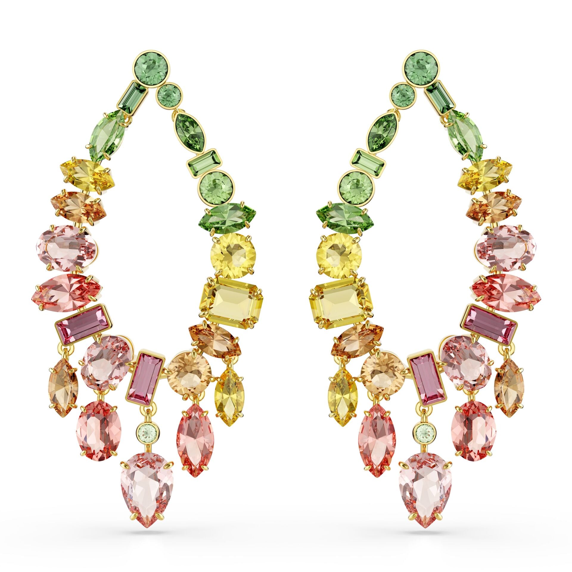 Gema damla küpeler, Karışık kesim, Avize, Çok renkli, Altın rengi kaplama