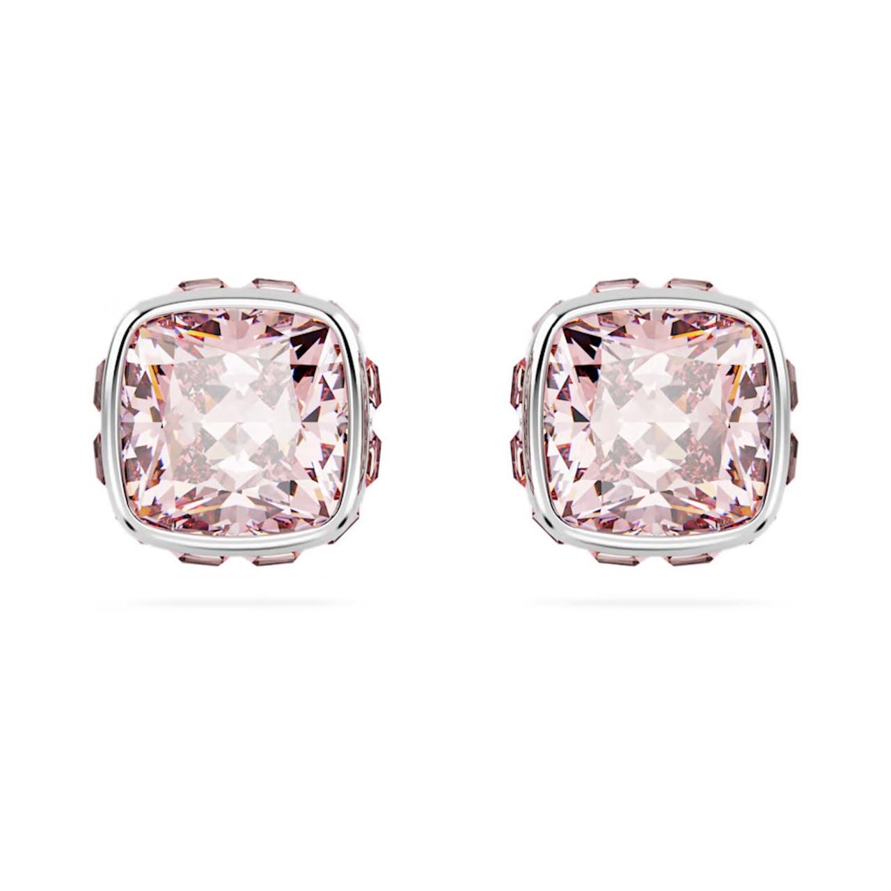 Birthstone düğme Küpeler, Kare kesim, Haziran, Pembe, Rodyum kaplama