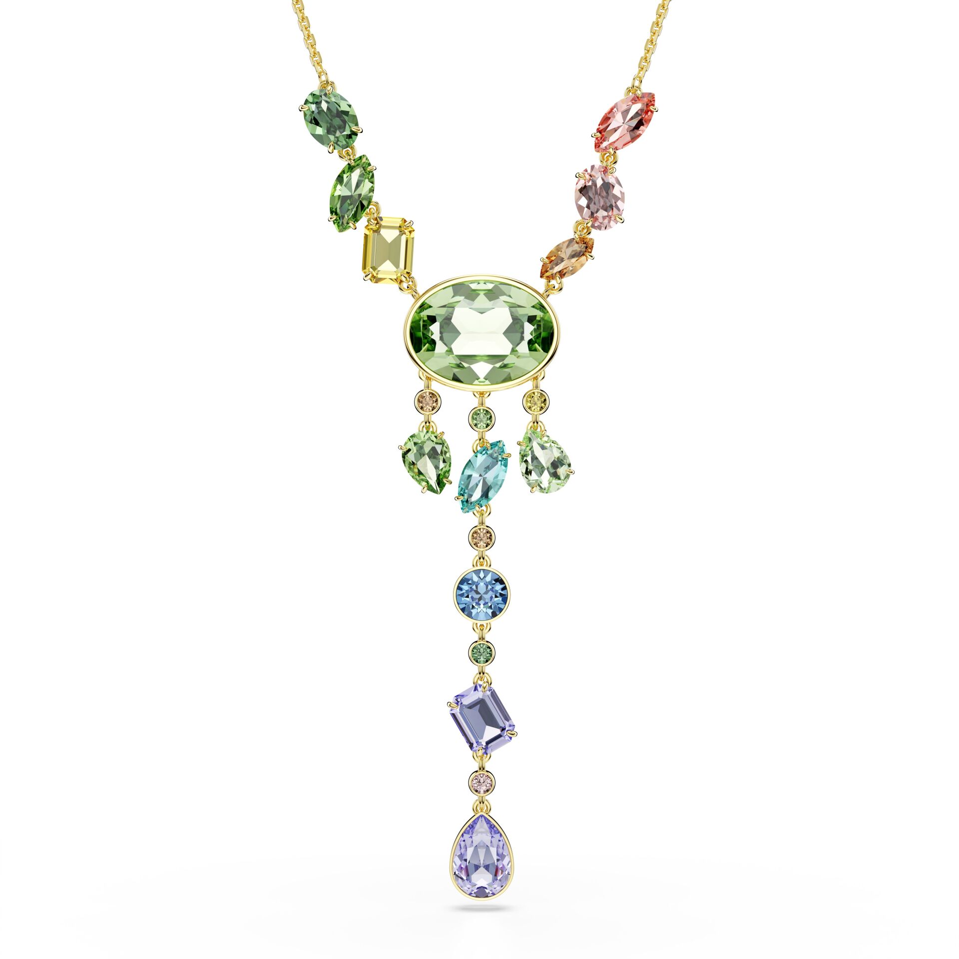 Gema Y-Kolye, Karışık kesimler, Çok renkli, Altın rengi kaplama