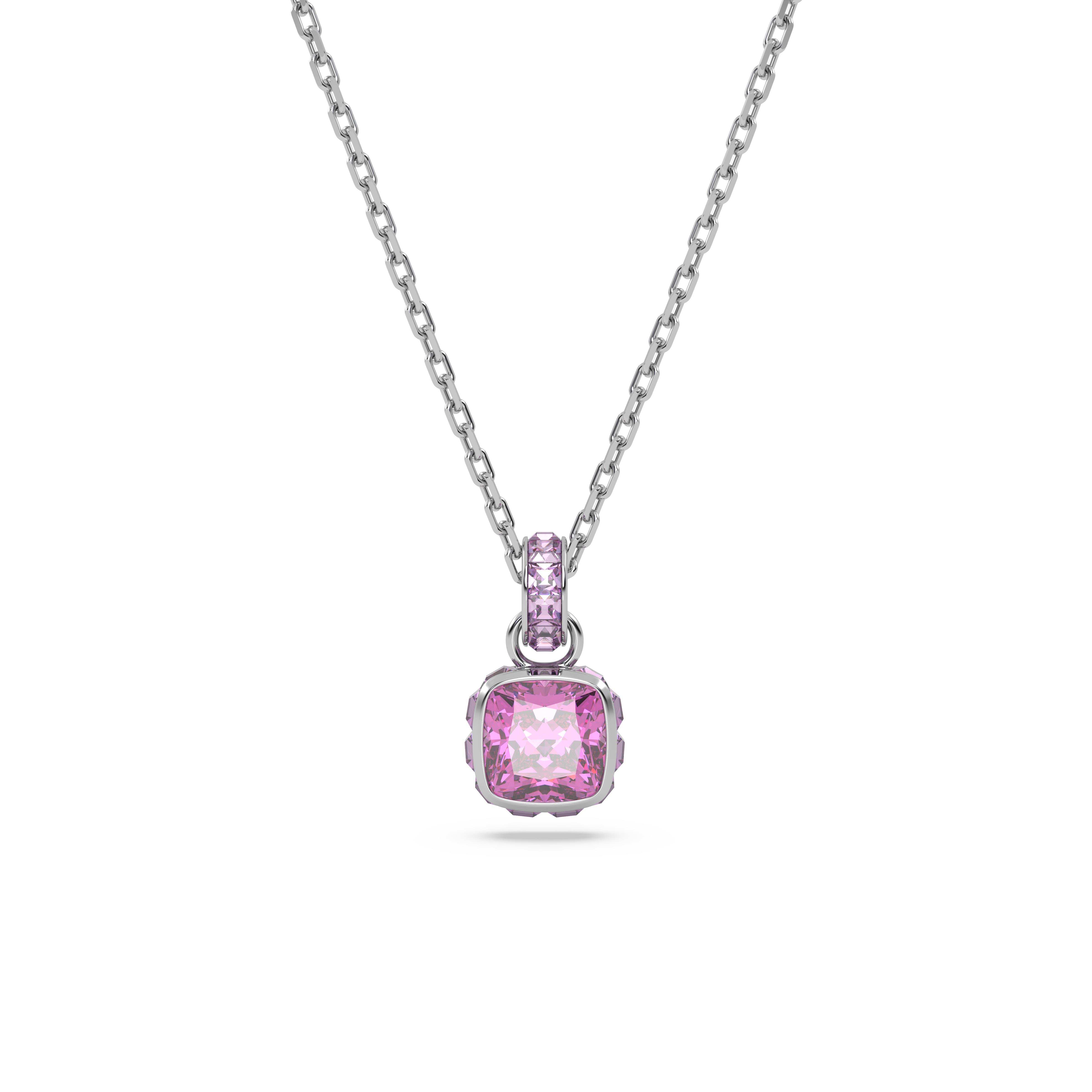 Birthstone Kolye Ucu, Kare kesim, Şubat, Pembe, Rodyum kaplama