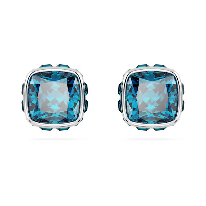 Birthstone düğme Küpeler, Kare kesim, Aralık, Mavi, Rodyum kaplama