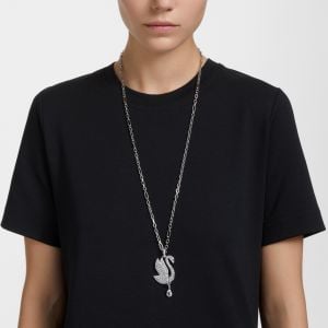 Swan Kolye, Kuğu, Uzun, Beyaz, Rodyum kaplama