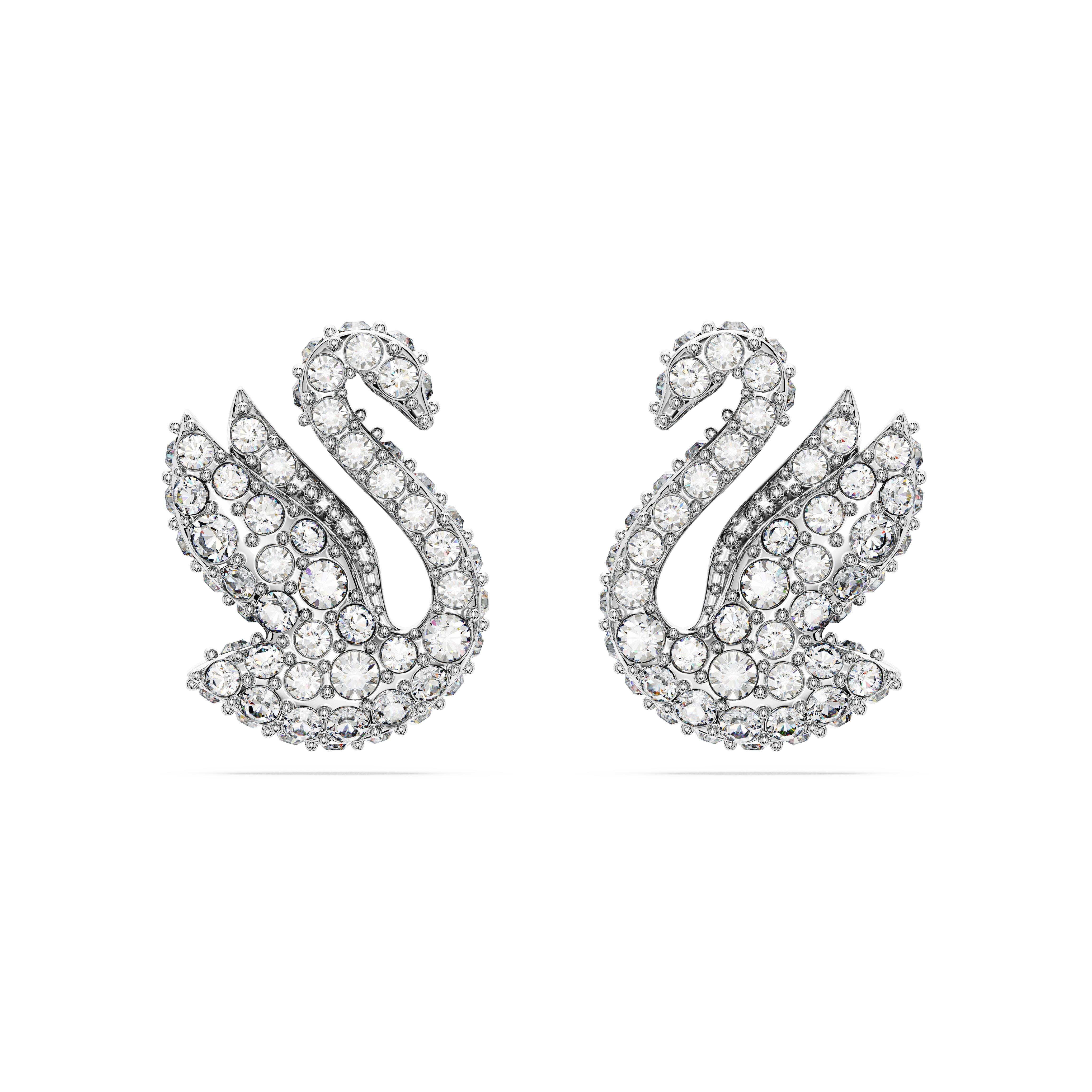 Swan düğme Küpeler, Kuğu, Beyaz, Rodyum kaplama