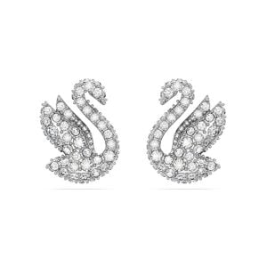 Swan düğme Küpeler, Kuğu, Beyaz, Rodyum kaplama