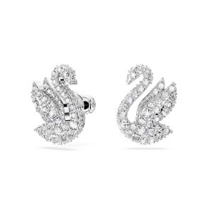 Swan düğme Küpeler, Kuğu, Beyaz, Rodyum kaplama
