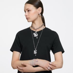 Swan düğme Küpeler, Kuğu, Beyaz, Rodyum kaplama