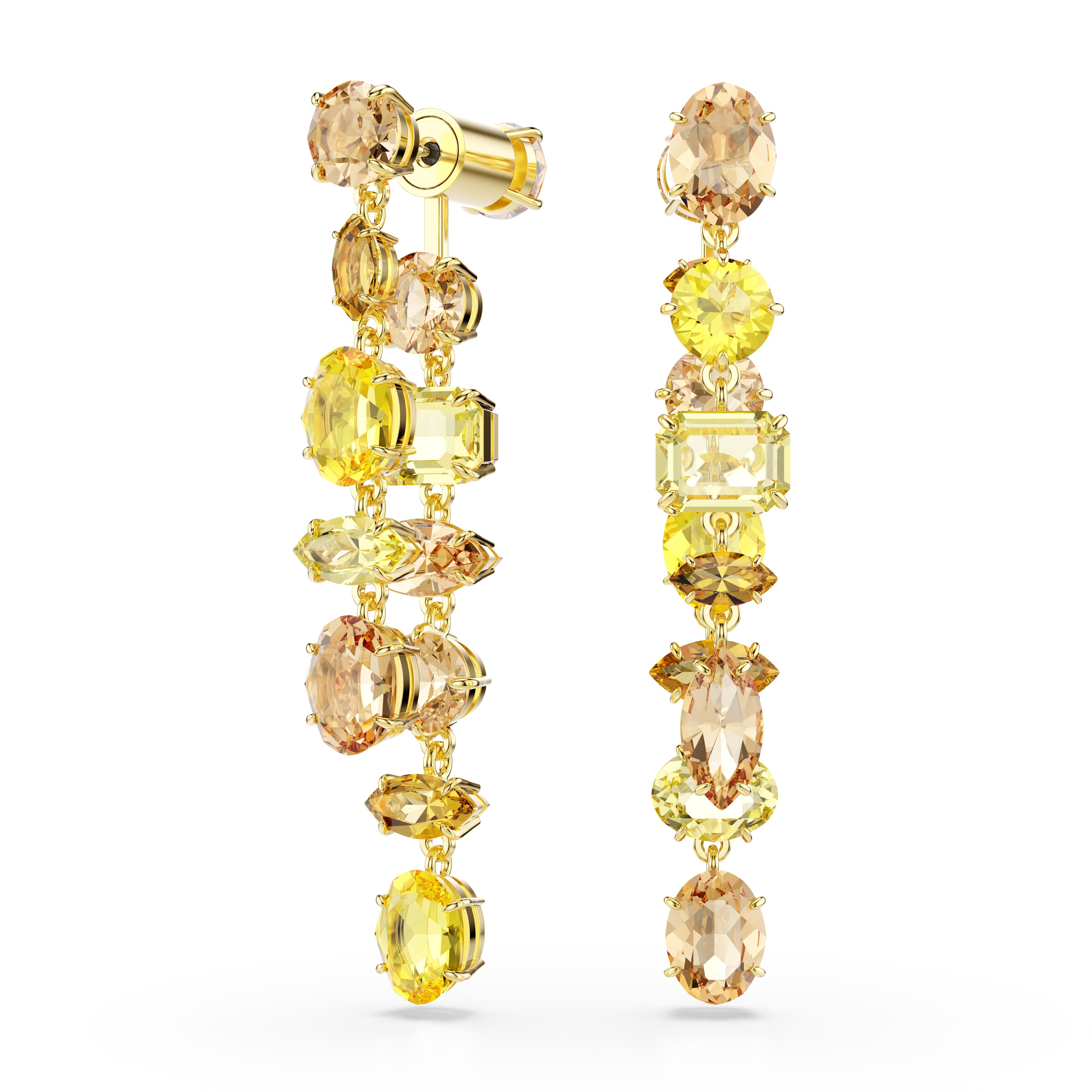 Gema damla küpeler, Asimetrik tasarım, Karışık kesimler, Uzun, Sarı, Altın rengi kaplama