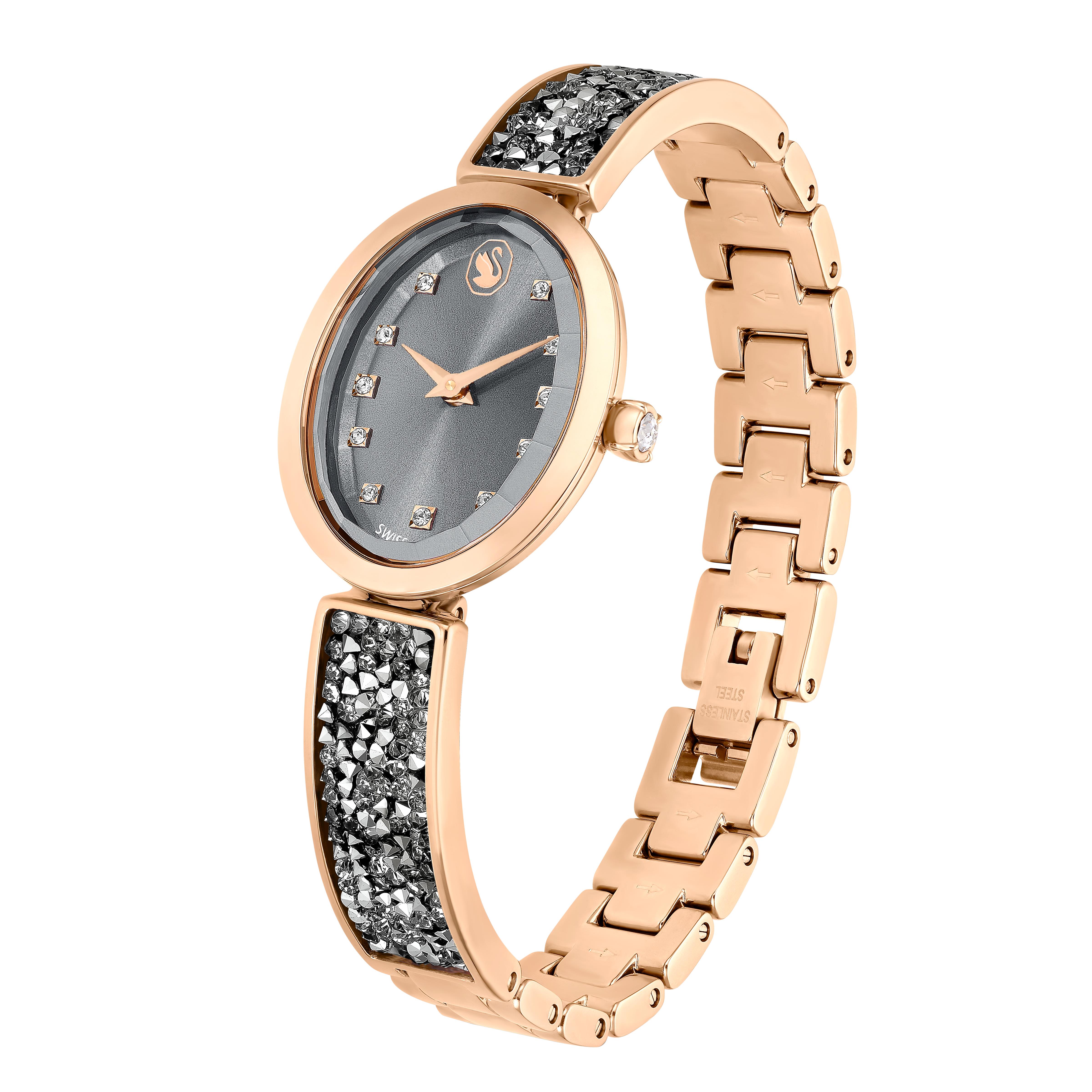 Crystal Rock Oval Saat, İsviçre Üretimi, Kristal bileklik, Gri, Pembe altın rengi yüzey