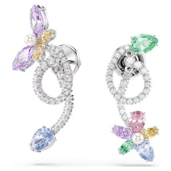 Ariana Grande x Swarovski Kulak gömlekli damla küpe, Karışık kesimler, Yusufçuk, çiçek, Çok renkli, Rodyum kaplama