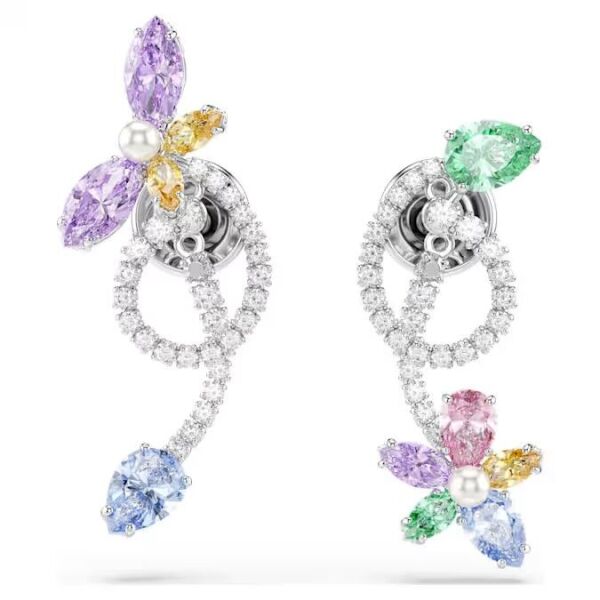 Ariana Grande x Swarovski Kulak gömlekli damla küpe, Karışık kesimler, Yusufçuk, çiçek, Çok renkli, Rodyum kaplama