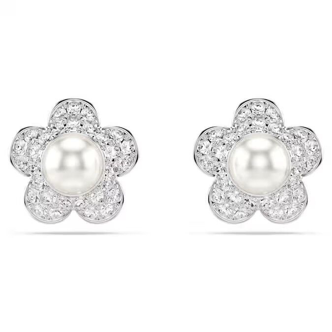 Ariana Grande x Swarovski düğme Küpeler Kristal inci, Yuvarlak kesim, Çiçek, Beyaz, Rodyum kaplama