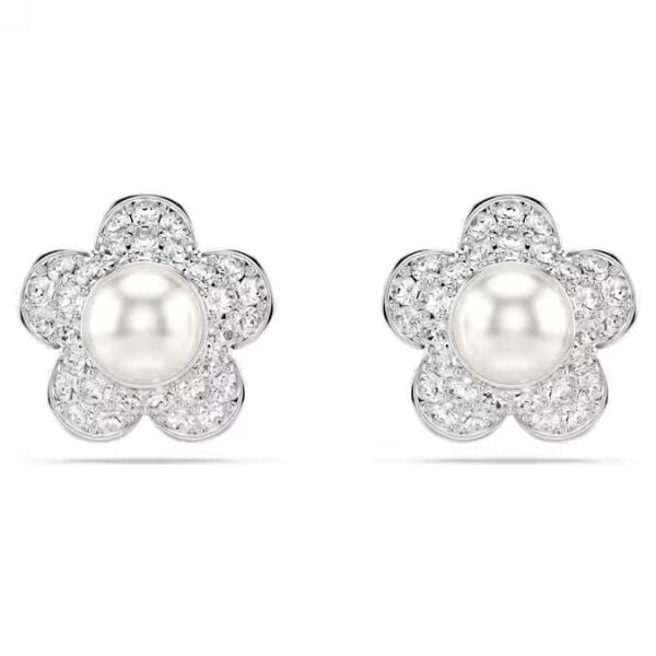 Ariana Grande x Swarovski düğme Küpeler Kristal inci, Yuvarlak kesim, Çiçek, Beyaz, Rodyum kaplama