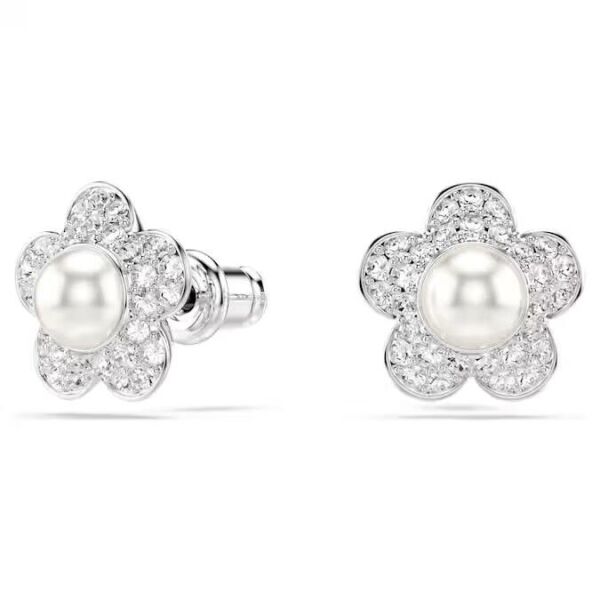 Ariana Grande x Swarovski düğme Küpeler Kristal inci, Yuvarlak kesim, Çiçek, Beyaz, Rodyum kaplama