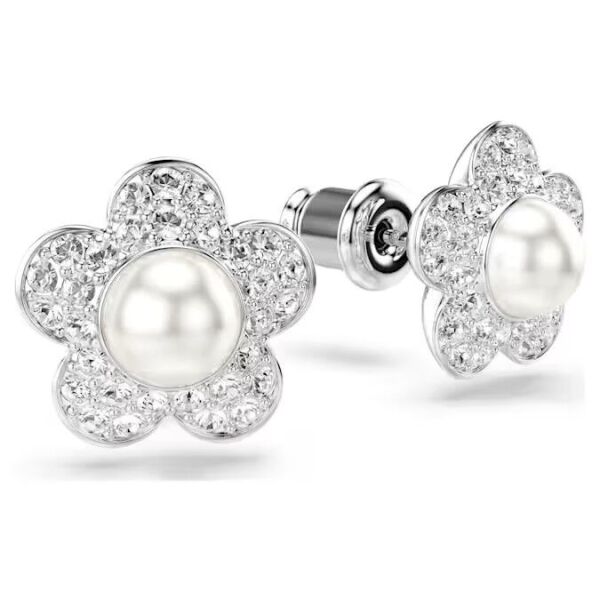 Ariana Grande x Swarovski düğme Küpeler Kristal inci, Yuvarlak kesim, Çiçek, Beyaz, Rodyum kaplama