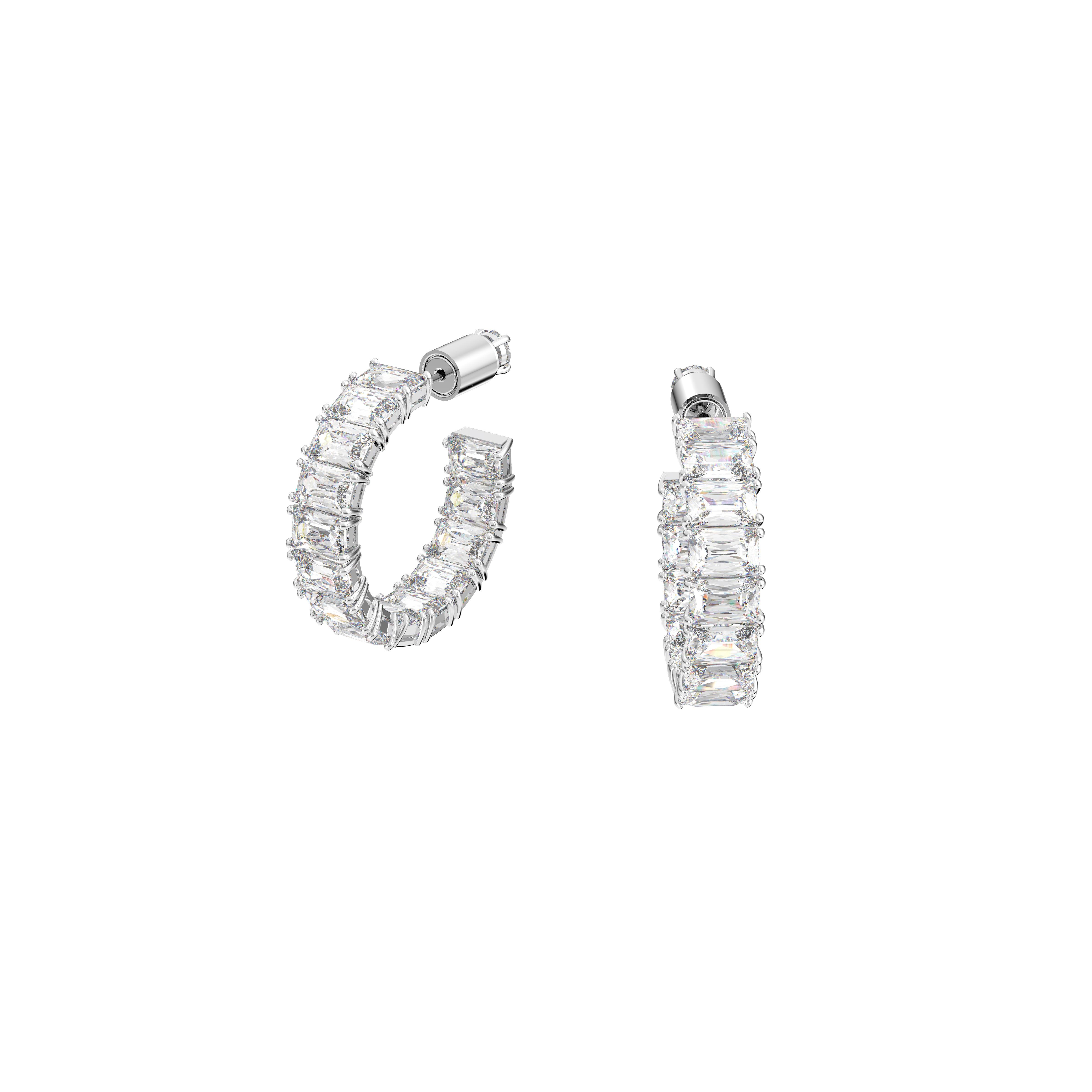 Matrix halka küpeler, Sekizgen kesimli Swarovski zirkonya, Beyaz, Rodyum kaplama