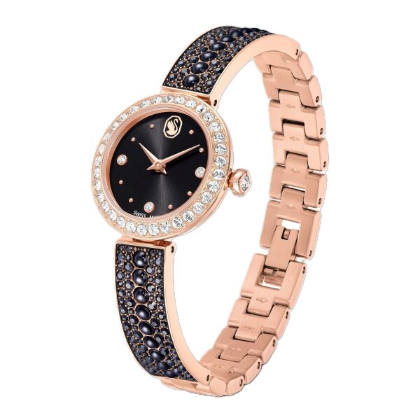 Matrix pearl bangle Saat, İsviçre Üretimi, Kristal bileklik, Siyah, Pembe altın rengi yüzey