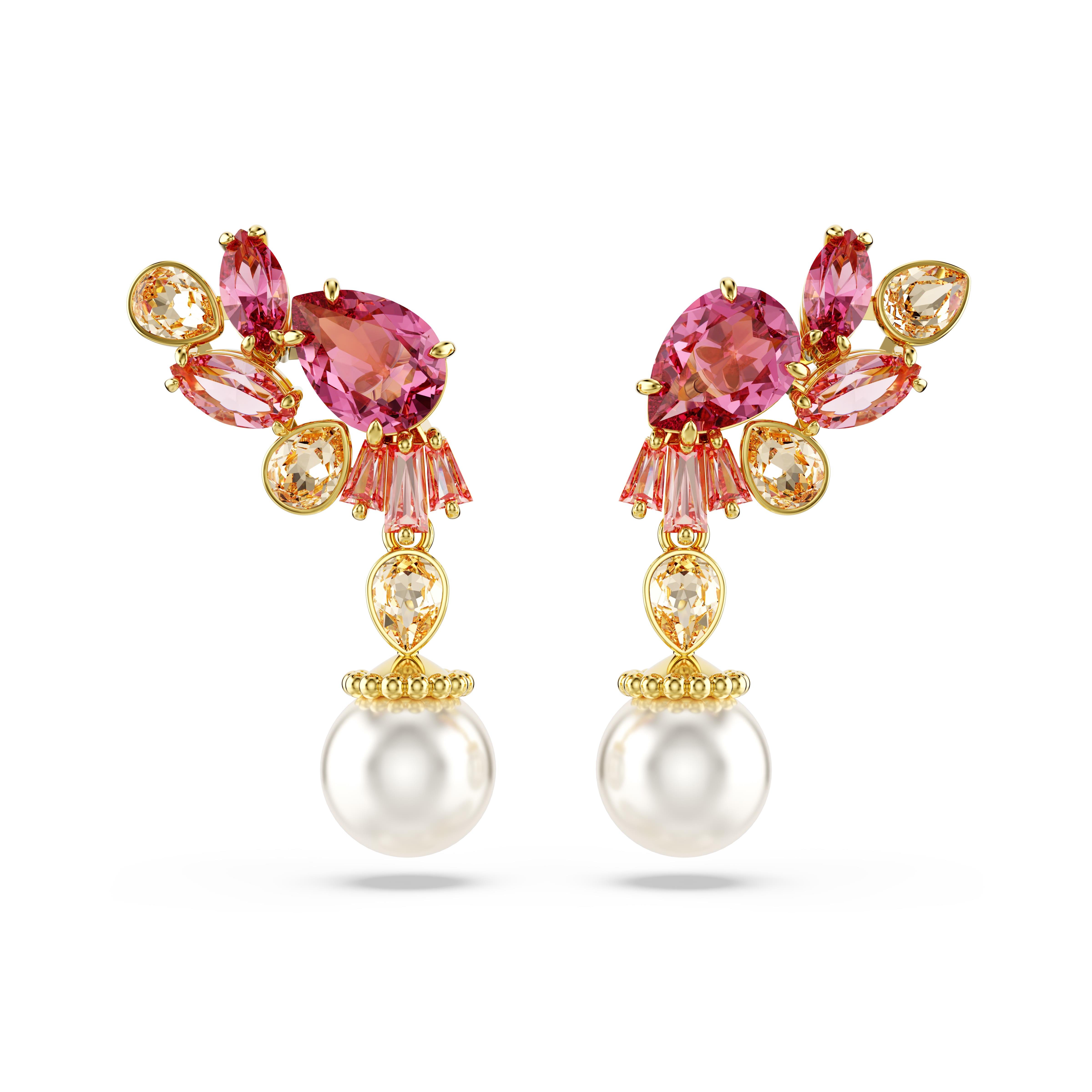 Gema damla küpeler, Karışık kesimler, Kristal inciler, Çiçek, Pembe, Altın rengi kaplama