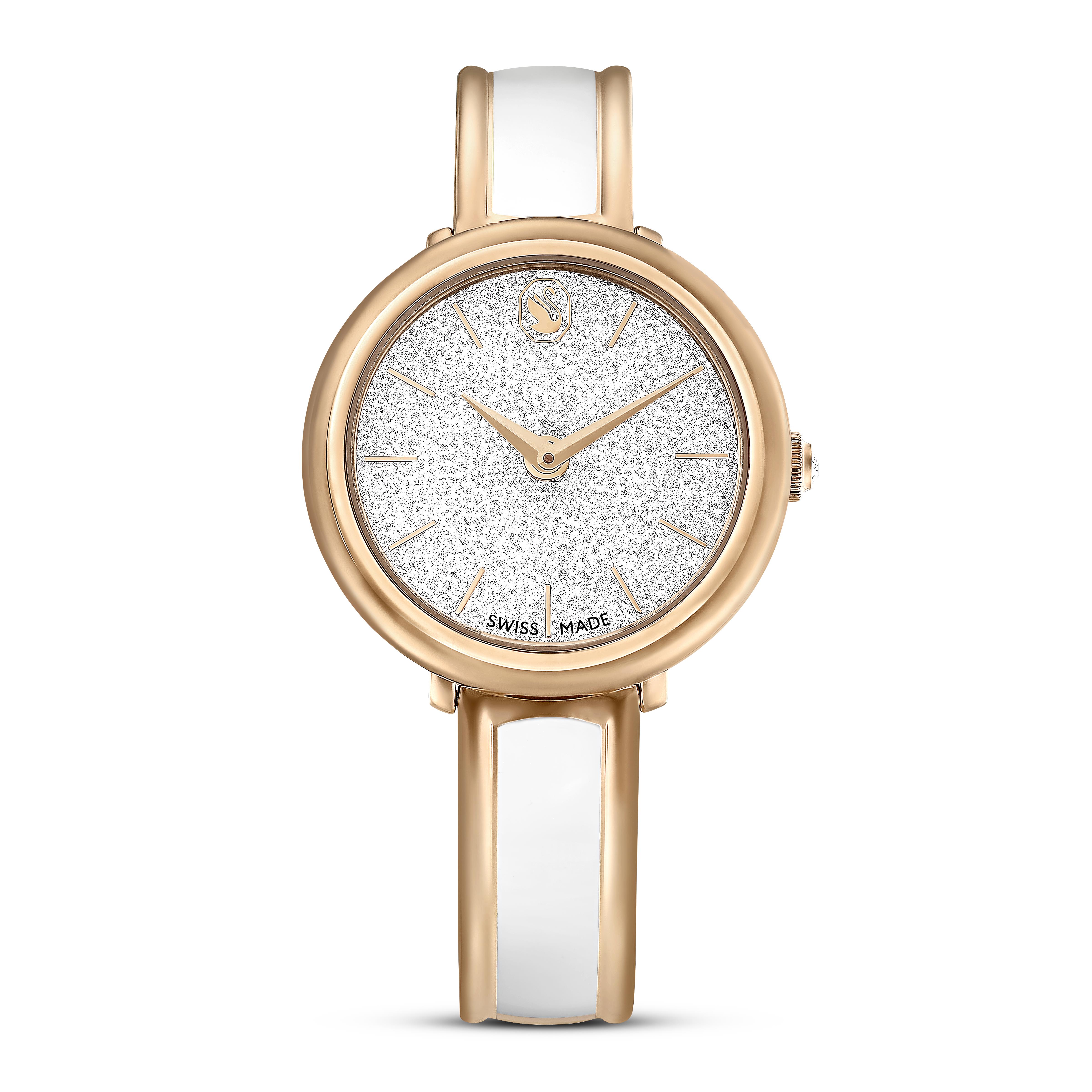 Crystalline Bangle Saat, İsviçre Üretimi, Metal bileklik, Beyaz, Pembe altın rengi yüzey