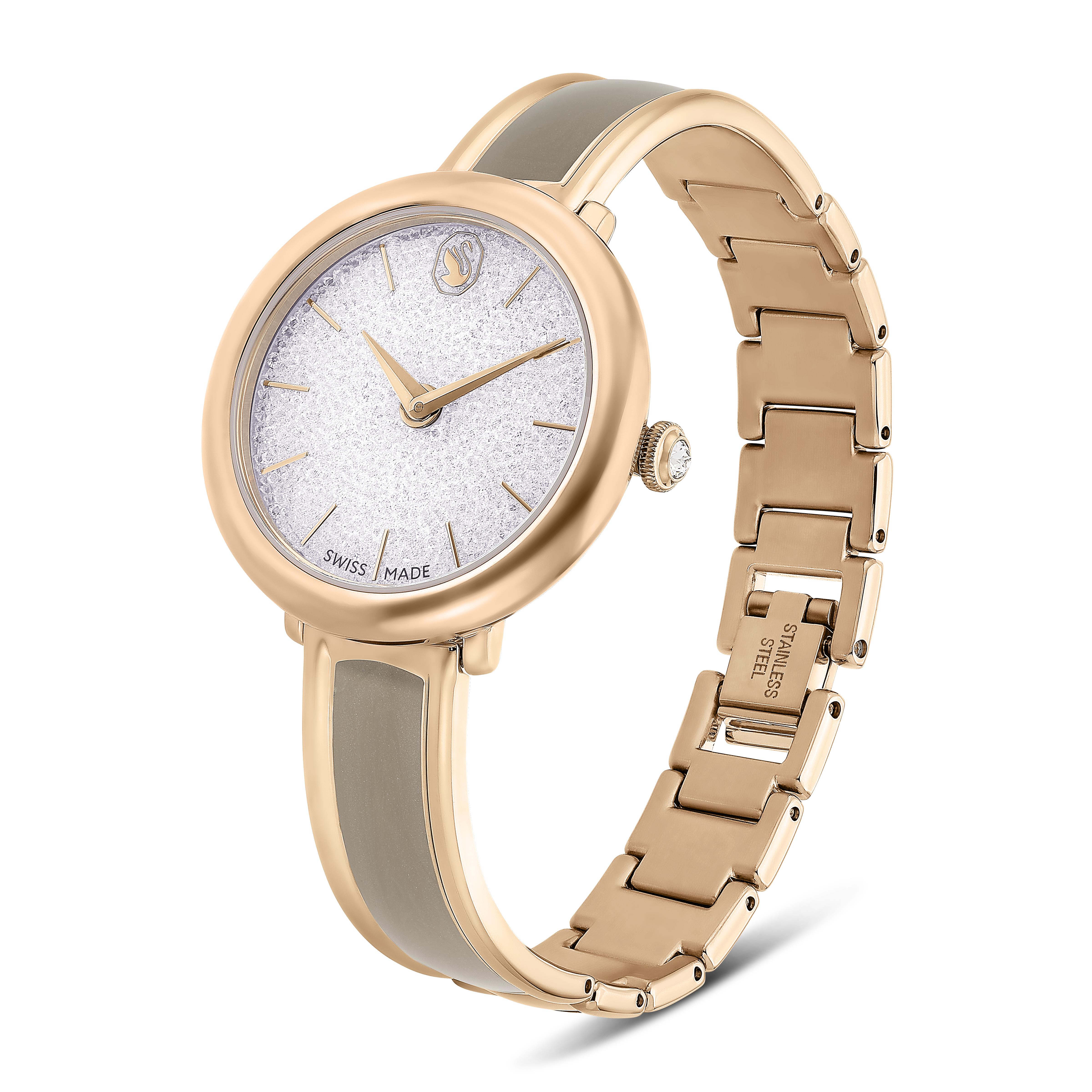 Crystalline Bangle Saat, İsviçre Üretimi, Metal bileklik, Bej, Pembe altın rengi yüzey