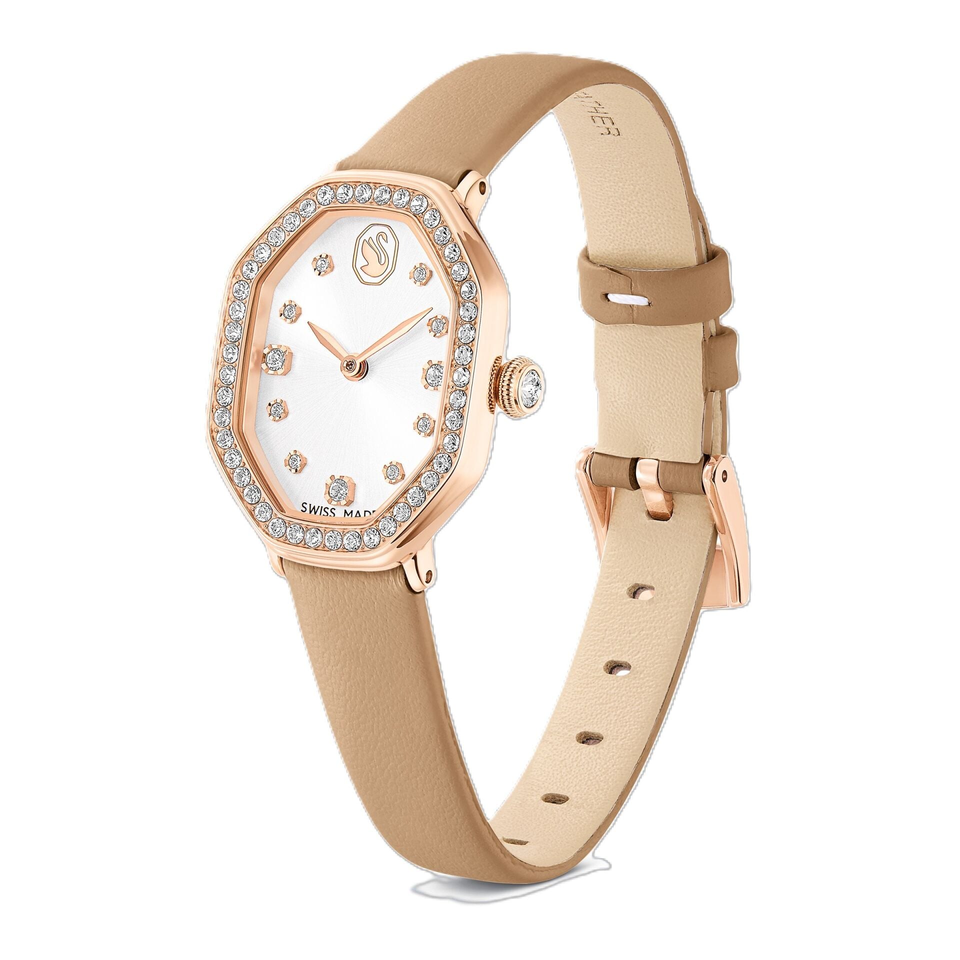 Dextera octagon Saat, İsviçre Üretimi, Deri kayış, Kahverengi, Pembe altın rengi yüzey