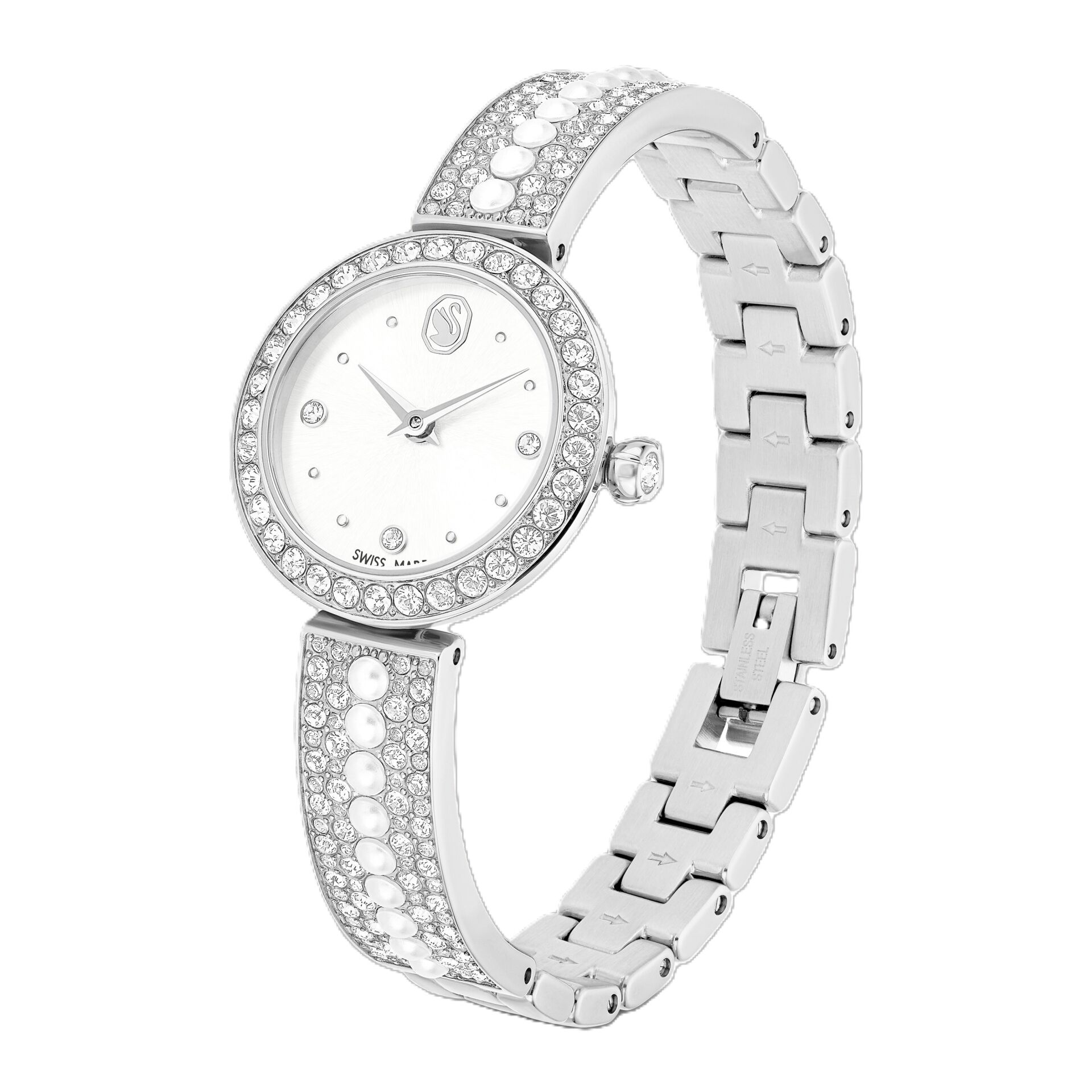 Matrix pearl bangle Saat, İsviçre Üretimi, Kristal bileklik, Beyaz, Paslanmaz çelik