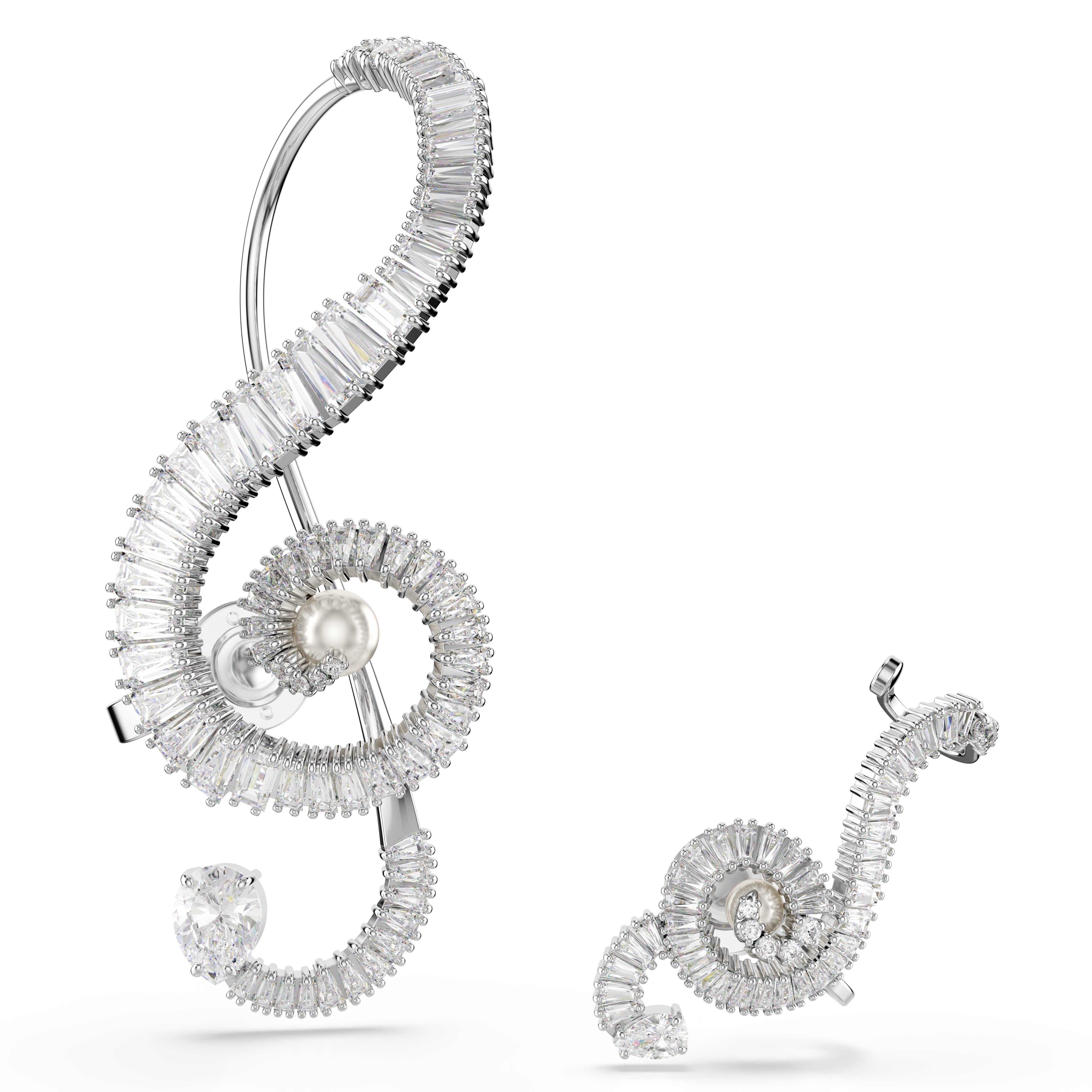 Ariana Grande x Swarovski Klipsli Küpeler, Asimetrik tasarım, Kristal inci, Baget kesim, Beyaz, Rodyum kaplama
