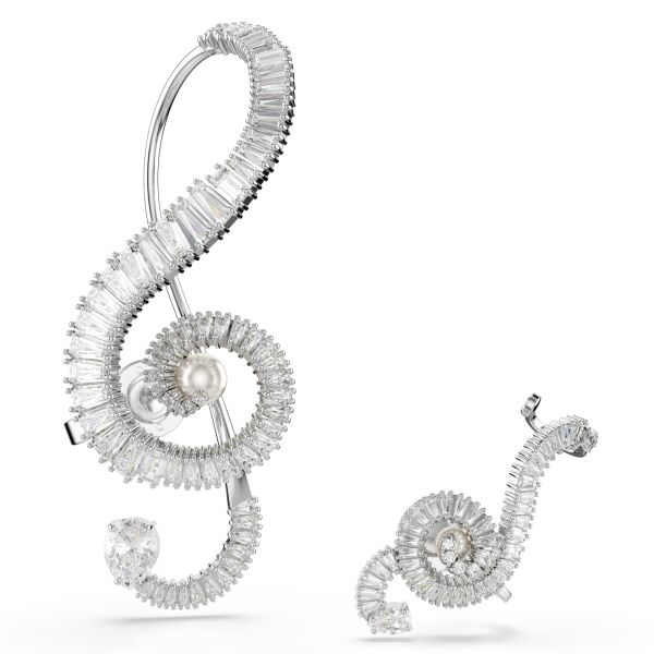 Ariana Grande x Swarovski Klipsli Küpeler, Asimetrik tasarım, Kristal inci, Baget kesim, Beyaz, Rodyum kaplama