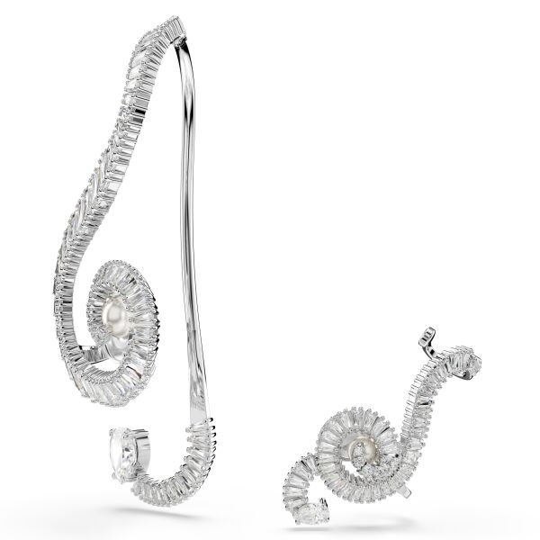 Ariana Grande x Swarovski Klipsli Küpeler, Asimetrik tasarım, Kristal inci, Baget kesim, Beyaz, Rodyum kaplama