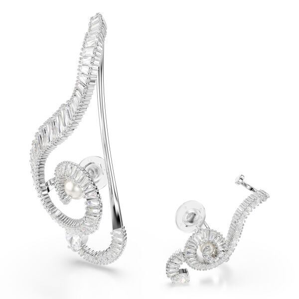 Ariana Grande x Swarovski Klipsli Küpeler, Asimetrik tasarım, Kristal inci, Baget kesim, Beyaz, Rodyum kaplama
